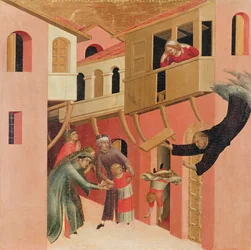 Polyptyk av den salige Agostino Novello og fire historier om hans liv, detalj av venstre panel til Agostino Novello som redder en baby når den faller fra en balkong, ca. 1328 (tempera på panel)